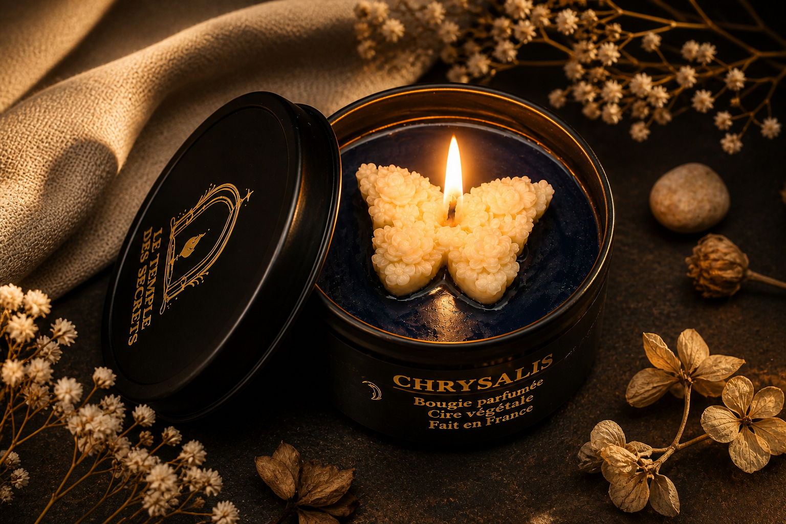 Bougie artisanale Chrysalide allumée parfum fleur de coton dans une ambiance chaleureuse.